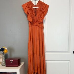 Tahari ASL Orange Maxi Dress with Ruffle Detail
